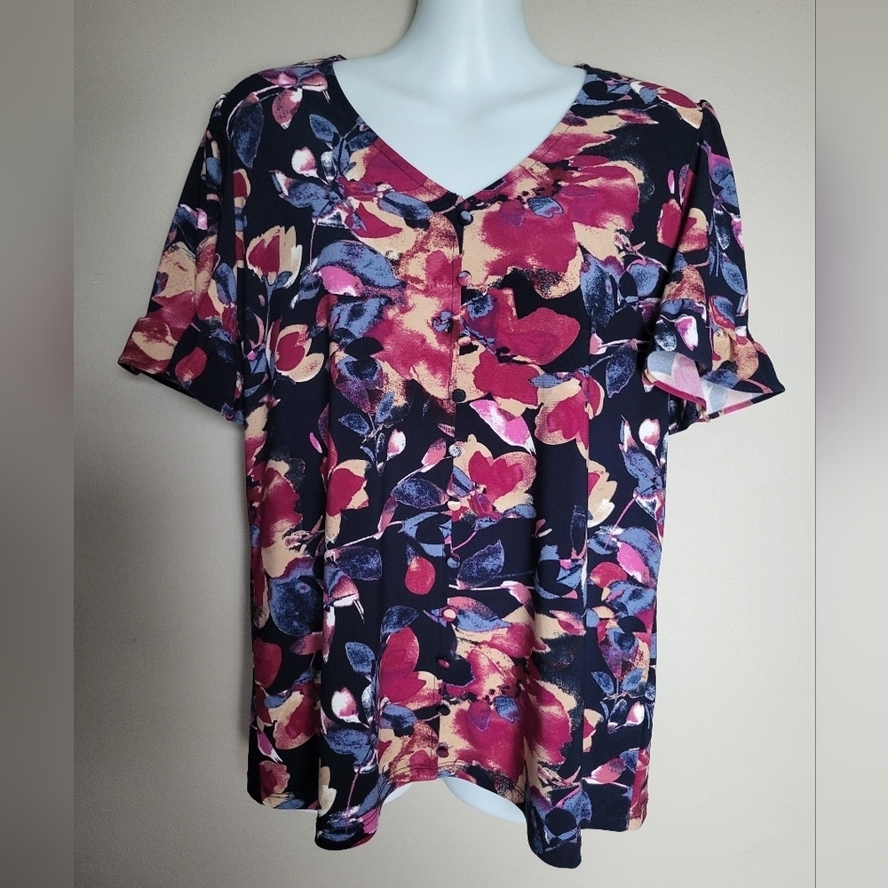 Anne Klein Multicolor Floral V-Neck Blouse, Size Medium